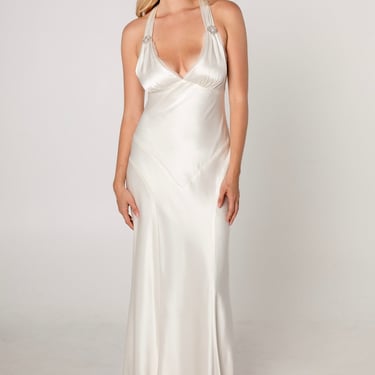 White Hammered Satin Bias Cut Evening Gown