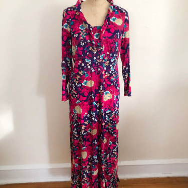 Pink and Purple Multicolored Floral Print Maxi Dress - 1970s 
