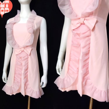 So Pretty Vintage 60s 70s Pastel Pink Chiffon Ruffle Mini Party Dress 