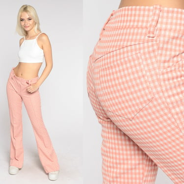 Gingham Bellbottoms 70s Bell Bottom Pants Pink Checkered Trousers Retro Mid Rise Flared Pants Hippie Flares Polyester Vintage 1970s Medium 