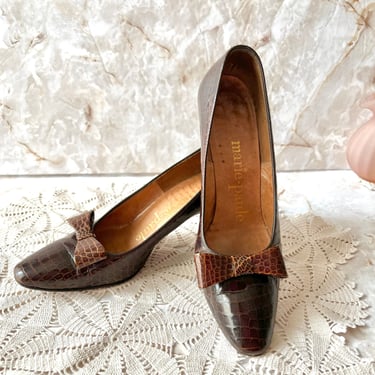 Croc Leather Shoes, Pumps, Optional Bow, Heels, Vintage 50s 60s 