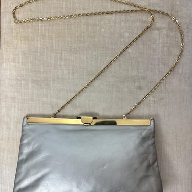 vintage 70’s Silver leather clutch with long gold chain~ crossbody optional~ small compact 