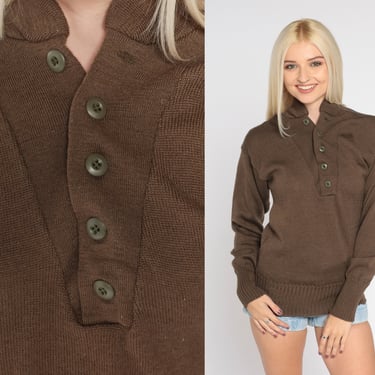 Wool Army Sweater 80s 5 Button Brown Military Sweater Jack Young Associates Knit Henley Commando Pullover Punk Vintage 1980s Men's Medium 