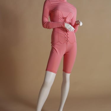 F/W 1991 Chantal Thomass pink runway jumpsuit with faux corset and contrast stitch 