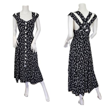 1990's Strappy Black White Ditsy Floral Print Midi Dress I Sz Med I Betsey's Things 