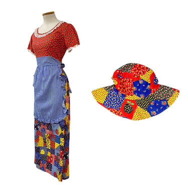Vtg 70s Patchwork Print Matching Set Bucket Hat Boho Cottage Core Maxi Dress 