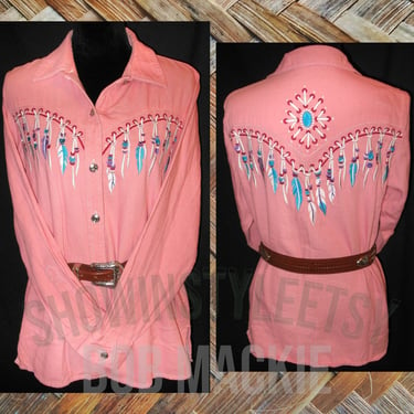 Bob Mackie Vintage Retro Women's Cowgirl Western Shirt, Rodeo Queen, Pink with Embroiderd Feather Designs, Tag Size Medium (see meas. photo) 