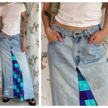 Levi's Denim Skirt / Haute Hippie Orange Tab Jean Skirt / Vintage Levi's Skirt / Maxi Quilted Denim Skirt / Light Wash Denim 