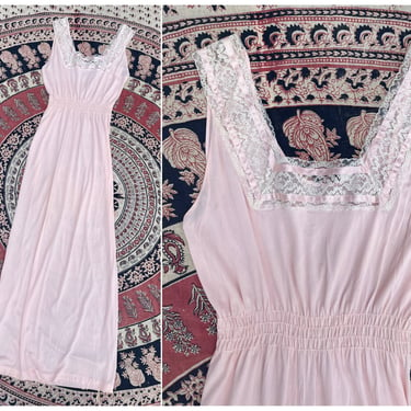 Vintage 1960’s petal pink soft rayon nightgown | ivory lace & satin ribbon trim, ruched waistband, pastel maxi gown, M 
