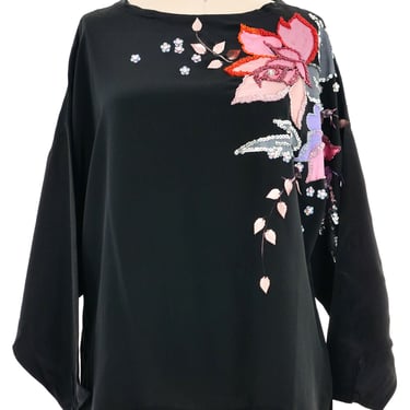 Black Embellished Painted Floral Silk Top