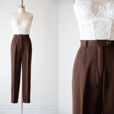 high waisted pants | 90s vintage brown wool gabardine dark academia pleated trousers 
