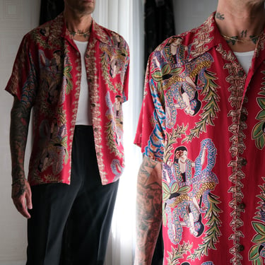 Vintage AVANTI Hawaiian 1940s Style Crimson Hula Luau Pinup Print Loop Collar Silk Shirt | 100% Silk | Y2K AVANTI Designer Mens Silk Shirt 