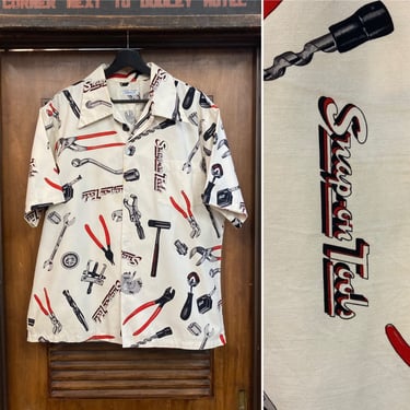 Vintage 1960’s Size XL “Surf Line” Pop Art Snap-On Tools Mod Hawaiian Cotton Shirt, 60’s Hot Rod, Vintage Clothing 