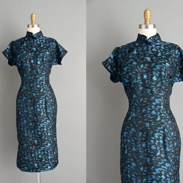 vintage 1950s Blue & Black Cheongsam Dress | Small 