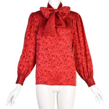 Yves Saint Laurent Vintage Red Baroque Jacquard Silk Lavalliere Bow Top