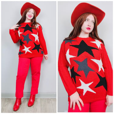 1990s Vintage Designers Original Studio Boucle Red Sweater / 90s Star Print Acrylic Red Knit Jumper / Size Small - Large 