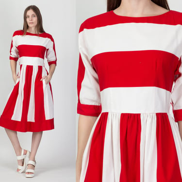 70s Lanz Red & White Striped Midi Dress - Small | Vintage Fit Flare Dolman Sleeve Pocket Sundress 