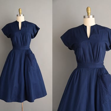 vintage 1950s Dress | Navy Blue Sweeping Full Skirt Day Dress | Medium 