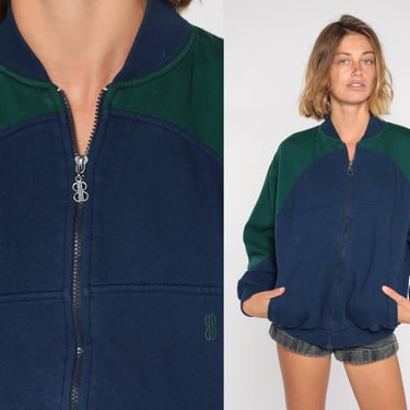 Color Block Sweatshirt 90s Bill Blass Zip Up Jacket 80s Navy Blue Green Colorblock Warm Up Jacket 1990s Sportswear Vintage Mens Medium M 