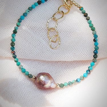 Dainty Pink Pearl Turquoise Bracelet, Turquoise Bead Bracelet, Pearl Bracelet, June December Birthstone,Gemstone Bracelet,Gold Filled,Gifts 