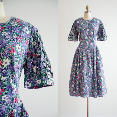 cute cottagecore dress 80s vintage purple floral puff sleeve cotton midi dress 