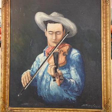 Cowboy Violinist Painting Signed Howard Riley, 1951