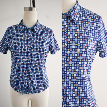 1990s/Y2K Blue Floral Knit Shirt 