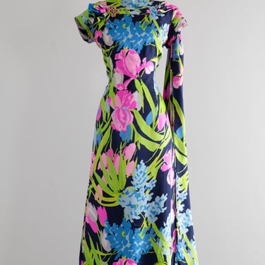 Spectacular 1960's Silk Garden Print Maxi Dress With Shoulder Swag / ML