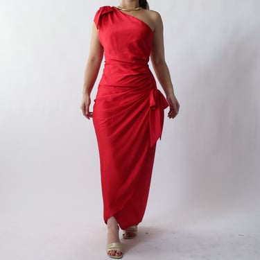 Vintage Crimson Satin One Shoulder Dress