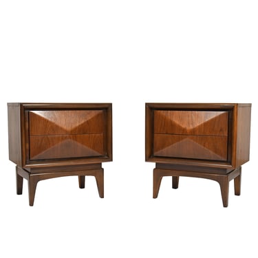 Pair Architectural 2-Drawer Faceted Front Diamond Night Stands.