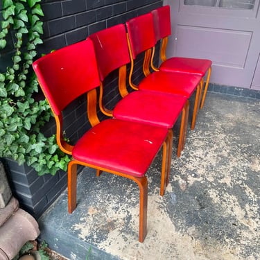 1940s Red Vinyl Thonet Chairs Four Vintage Mid-Century Dining Dinette Set Bentwood Restoration Candidates 