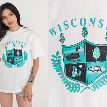 Wisconsin T-Shirt 90s USA Shirt State Crest Fish Sailboat Tree Loon Graphic Tee Souvenir Travel Tshirt Single Stitch White Vintage 1990s XL 