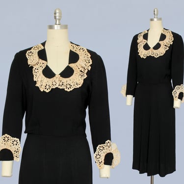 1940s Dress / Late 30s Early 40s Black Crepe Midi Dress with Eyelet Lace Ruffle Cuffs and Collar 