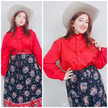 1970s Vintage Red Cotton Ruffled Prairie Blouse / 70s High Neck Western Shirt / Size XL 
