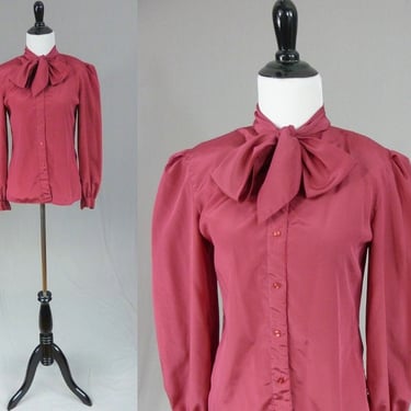 80s Striped Pussy Bow Blouse - Dark Pink and Blue-Gray Stripes - Shoulder Pads - Jacobson's - Vintage 1980s - S 34