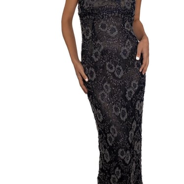 1990s Sapphire Blue Beaded Silk Chantilly Lace Slinky Gown 