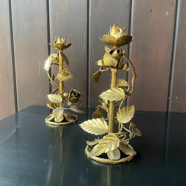 1960s Italian Gilt Metal Floral Candlesticks Table Sculptures Candle Holders Vintage Mid-Century 