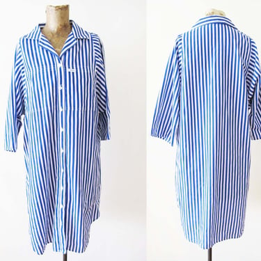 Vintage 80s Blue White Stripe Shirt Dress S M - 1980s Collared Vertical Stripe Button Front Dress - Preppy Minimalist 