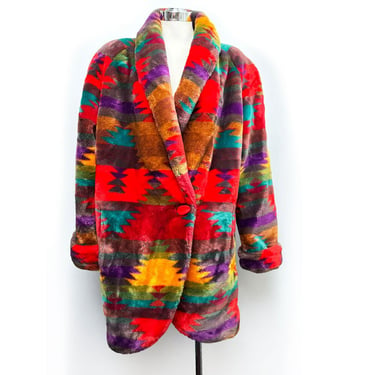 80's Royal PLUSH Faux Fur Coat Vintage 1980's Southwest Print Overcoat Bright Multi Colors 
