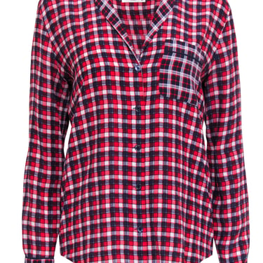Equipment - Red, Navy & White Plaid Print Silk Button-Up Shirt Sz S