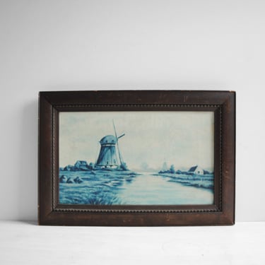 Vintage Windmill Painting, Blue and White Framed Original Oil Painting 