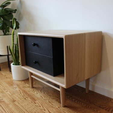 Oak and Black Leather Modern Nightstand, Side Table