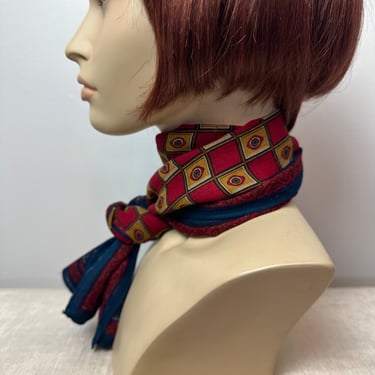 Vintage neck scarf /long thin fine woolen neckerchief printed / fall winter muted colors/ eyes red khaki blue 1980s retro 
