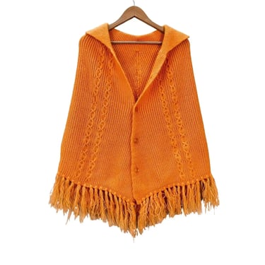 Vintage 60’s/70’s Tangerine Orange Knit Fringe Poncho Size Small