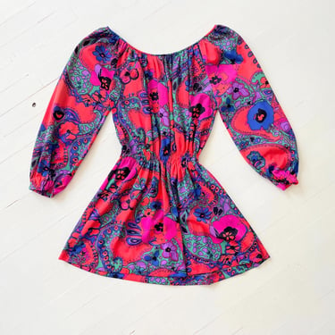 1970s Abstract Floral Peplum Blouse with Balloon Sleeves 