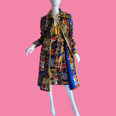 70s Malcolm Starr Dress Coat Suit, Vintage Brocade Rhinestone Metallic Dress Set, 1970s Mod Dress Coat Set Medium 