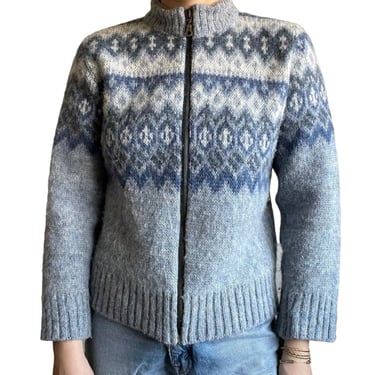 Vintage Womens Kidka Icelandic Fair Isle Blue Wool Full Zip Cardigan Sz S 