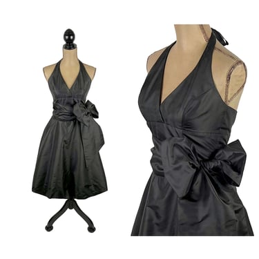 XS- Y2K Black Party Dress Formal Evening Midi Cocktail Halter Neck Bubble Hem Big Bow Short Prom 2000s Clothes Women Vintage BARI JAY Size 2 