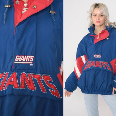 NY Giants Jacket 90s New York Football Hoodie Quarter Zip Hooded Windbreaker NFL Blue Red Sports Hood Vintage 1990s Starter Extra Large xl 