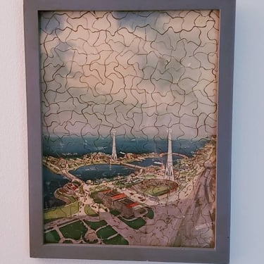 EXTREMELY RARE !  1933 Chicago Worlds Fair framed Wooden Puzzle with original box RARE Art find, possibly last surviving 1 